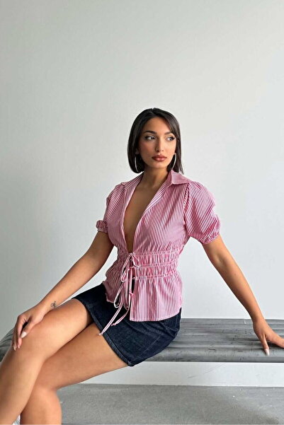 VERYMODA Front-Tie Striped Shirt - Burgundy |   D2812