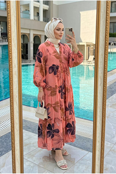 Kirazca Butik Women's Floral Layered Hijab Dress with Dominant Collar