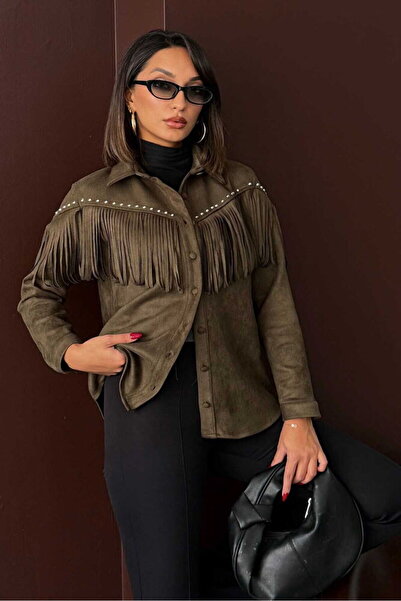 VERYMODA Tasseled Dropl Scuba Suede Shirt - Khaki |   F2029