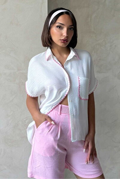 VERYMODA قميص كتان مخيط بأسلوب تشابان - وردي كريمي - D2597 |   D2597