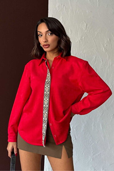 VERYMODA Stripe Detailed Scuba Suede Shirt - Red |   F1973