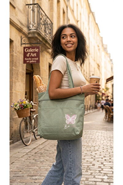 RMY MODA Eco-Friendly Canvas Tote Bag with Butterfly Pattern and "Be" Letteri...