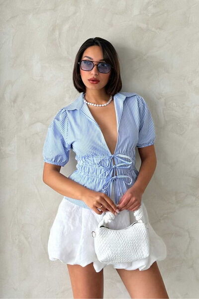 VERYMODA Front Tie Striped Shirt - Blue |   D2812