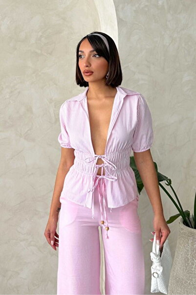 VERYMODA Front Tie Striped Shirt - Pink |   D2812