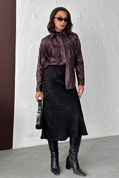 VERYMODA Droplu Tasseled Faux Leather Shirt - Plum |   F2043