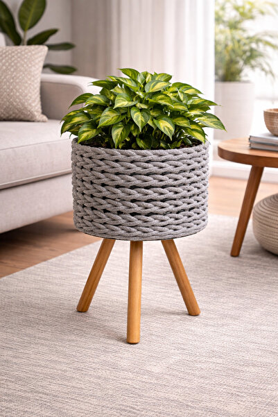 Bohem studio Gri Ayaklı Örgü Saksı – Bohem Dekoratif Çiçeklik - 20 cm çap