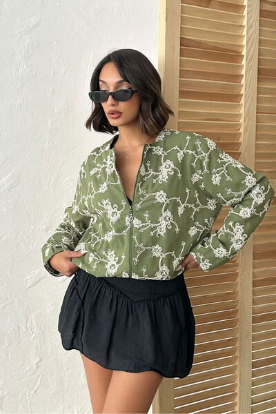 VERYMODA Floral Embroidered Zipper Jacket - Khaki |   F1948