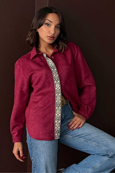 VERYMODA Stripe Detailed Scuba Suede Shirt - Plum |   F1973