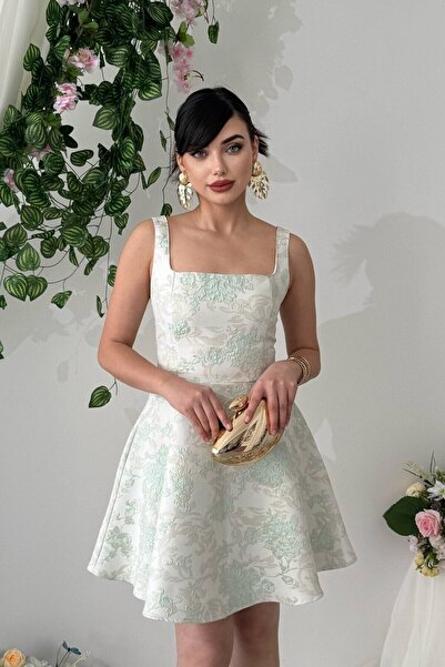 YURELİ Saten Jakarlı Tasarım Kloş Askılı Prenses Kadın Elbise