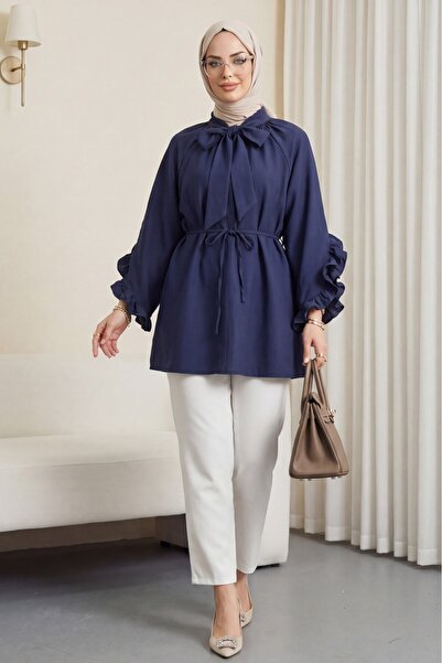 Modamorfo Modal Tunic with Lace-Up Collar, Zipper, Ruffled Sleeves and Belt -...