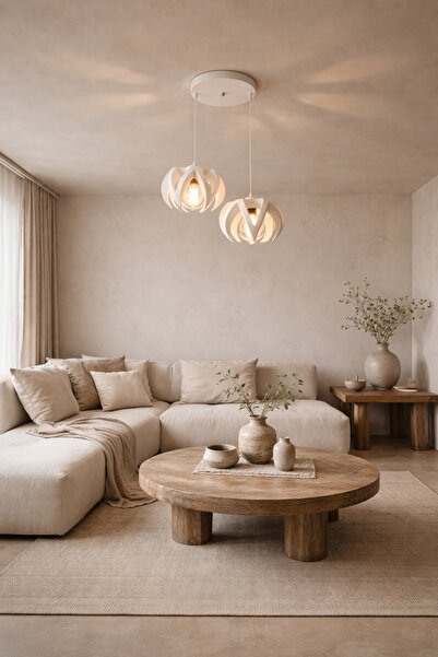 Beyaz 2Li Taç Formlu Sarkıt Avize, Dekoratif Tavan Aydınlatma, Minimal Tasarım