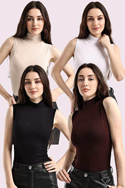 Trend Sizde Women's Coffee Cream Black White 4-Piece Half Turtleneck Basic Bo...