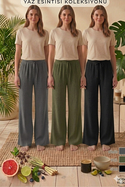 MODA YILDIZ Women's Seersucker Textured Loose-Fit Pants - High Waist, Wide Le...