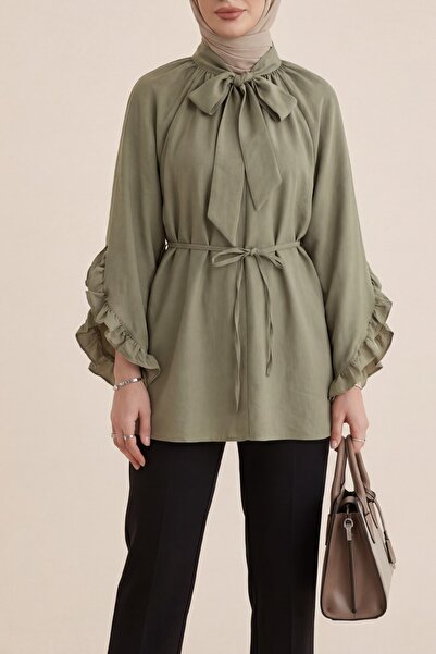 Modamorfo Modal Tunic with Lace-Up Collar, Zipper, Ruffled Sleeves and Belt -...