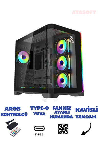 ATAsoft Gaming Akvaryum Kavisli Kasa 7x120mm Siyah ARGB Fanlı Type-C & 2x USB...
