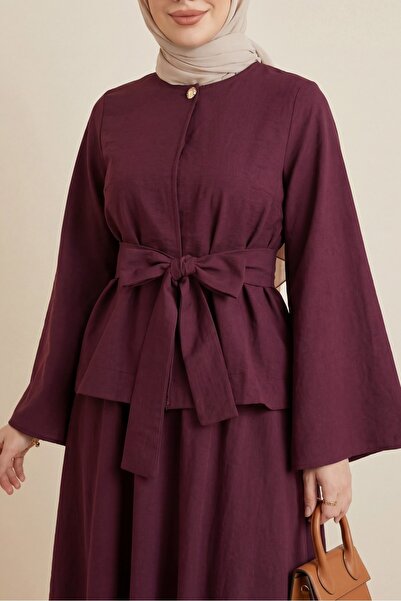 Modamorfo Single Button Belted Skirt Suit - Burgundy