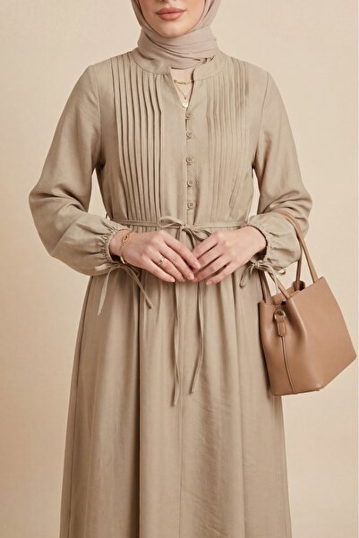 Modamorfo Φόρεμα από τένσελ με ραβδώσεις και μισά κουμπιά - μπεζ