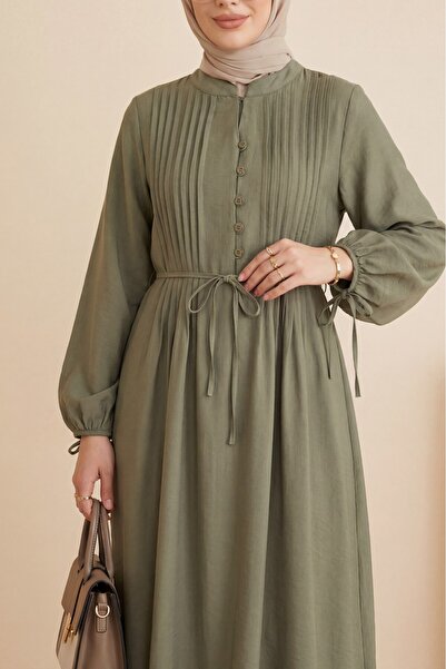 Modamorfo Half-Buttoned Ribbed Lace-Up Tencel Dress -Khaki