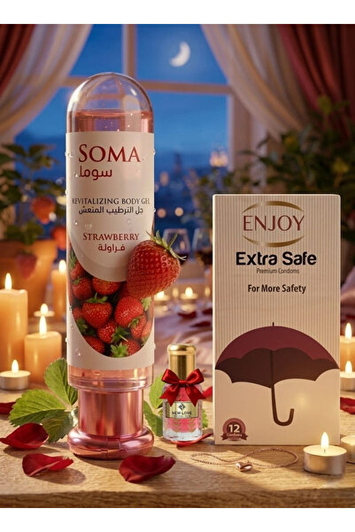 Soma واقي ذكري 12 قطعة مع جل الترطيب المنعش نكهة الفراولة للرجل 120مل