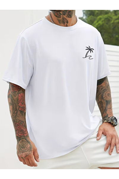 LİNA06 [100%C] 210G Casual T-Shirt - "Coconut Palm Tree" Print Soft And Comfo...