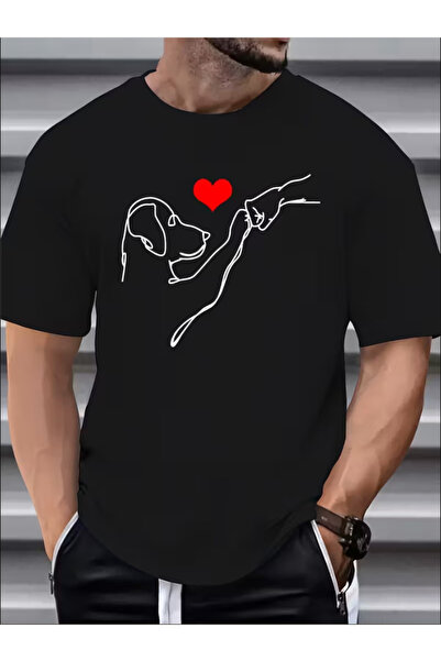 LİNA06 Men's Dog Love Pattern Round Neck Short Sleeve T-Shirt, Summer Casual ...