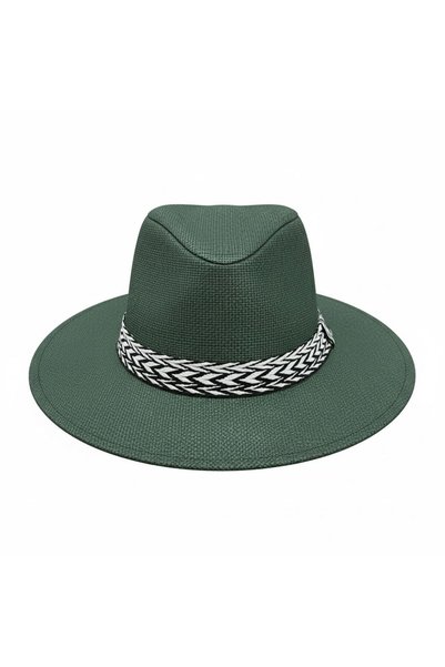 GİYU SHOP Unisex Stripe Detailed Straw Fedora