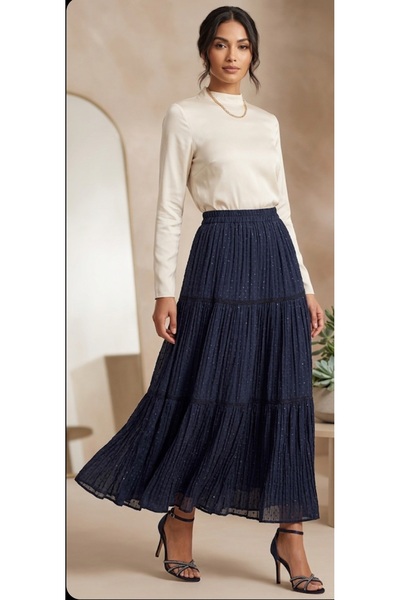 Dagü Design Women's Hijab Layered Ruffled Chiffon Skirt Navy Blue