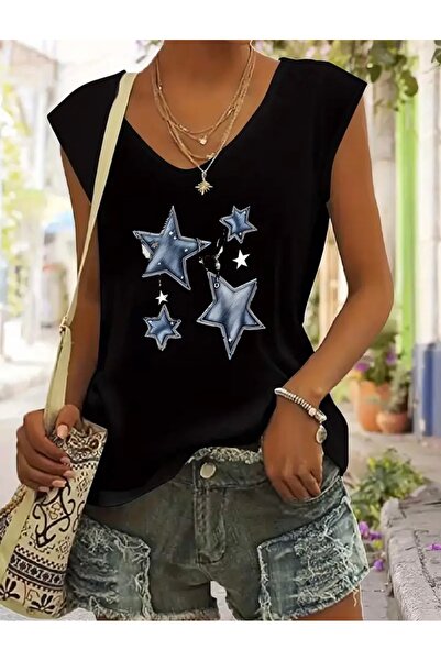 FUFLUNS Tricou de damă supradimensionat, fără mâneci, cu imprimeu stele și la...
