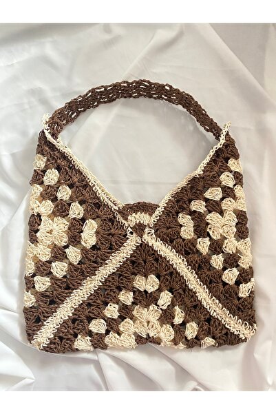 efsunkar El Yapımı Kahverengi Krem Hasır Örgü Çanta Kağıt İp 35x20 cm