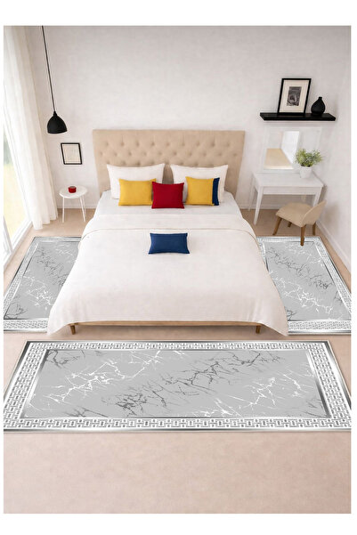 STY Home Gri Dijital Baskılı 3 'lü Yatak Odası Halısı Yolluk Takımı 80x150 2 ...
