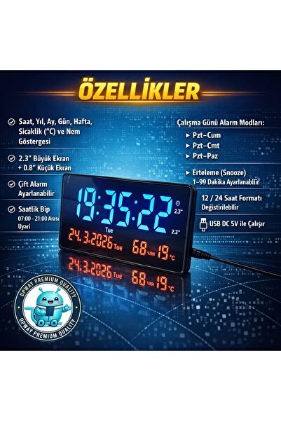 UpWay 15×36 cm Büyük HD LED Dijital Duvar Saati – Alarm Tarih Sıcaklık Nem Göstergesi