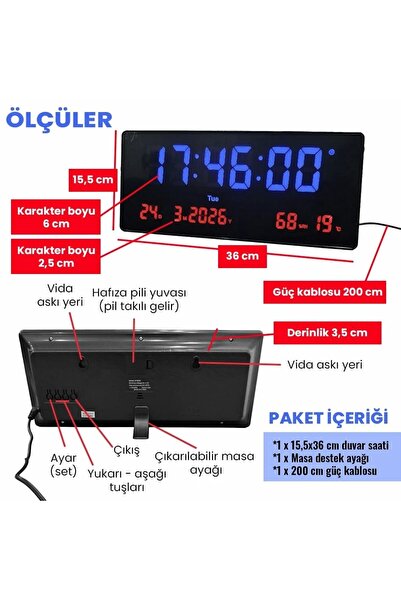 UpWay 15×36 cm Büyük HD LED Dijital Duvar Saati – Alarm Tarih Sıcaklık Nem Göstergesi