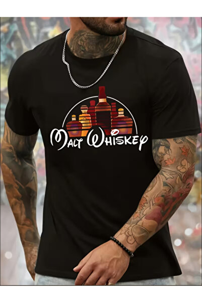 LİNA06 Men's Casual Graphic T-Shirt - Navy Blue Whiskey Bottle Print & Lettering