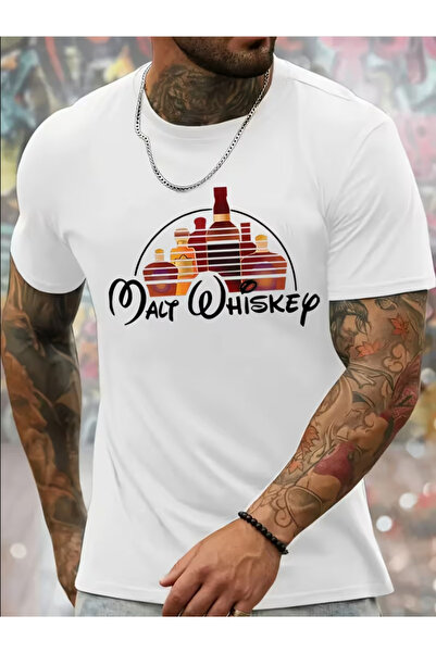 LİNA06 Men's Casual Graphic T-Shirt - Navy Blue Whiskey Bottle Print & Lettering