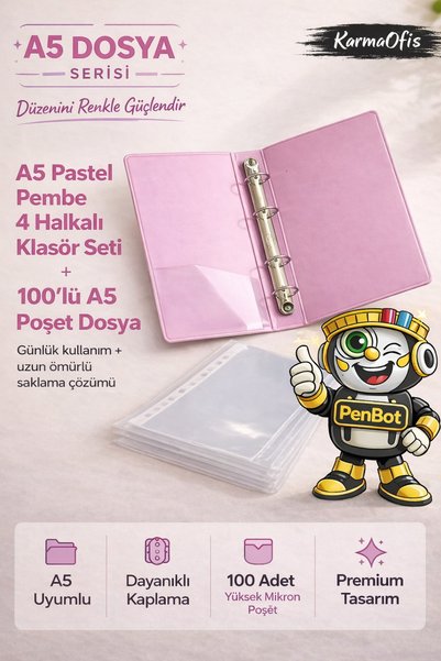 KarmaOfis A5 Pastel Pembe 4 Halkalı Klasör Seti + 100’lü A5 Poşet Dosya | Dayanıklı Dosya Seti