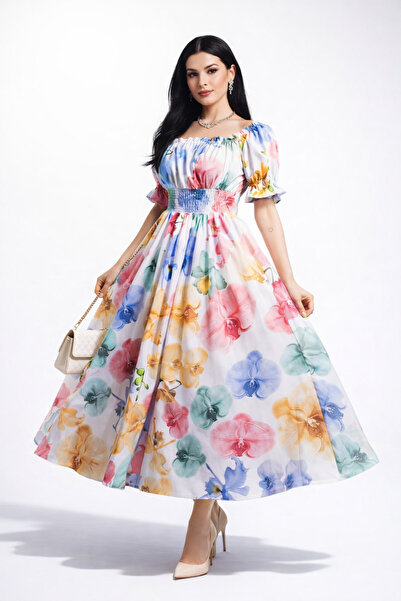 Stylish Fashion فستان من ستايلش فاشن تركي ناعم مورد باللون الابيض