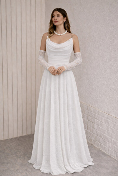 Elbisen Burada Eldivenli güpür beyaz gelinlik elbise