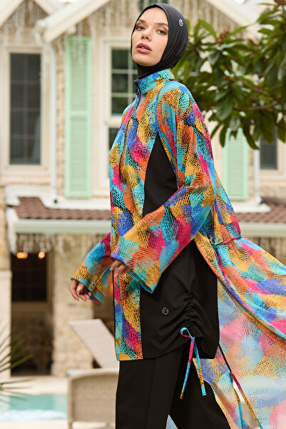 İYİBU طقم ملابس سباحة حلال ملون منقوش، مجموعة من 4 قطع، قماش مرن طارد للماء و...