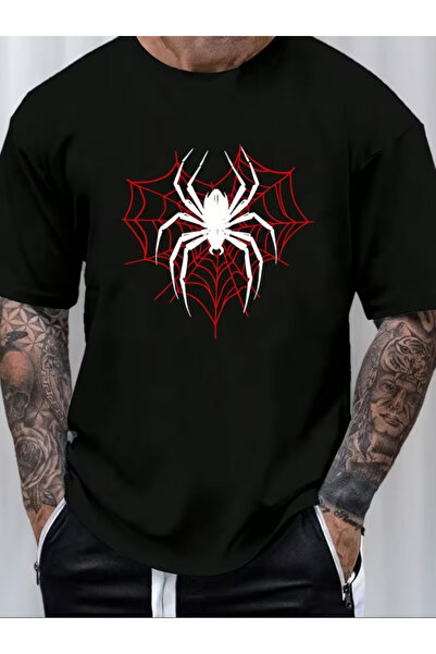 LİNA06 Men's 100% Cotton T-Shirt with Red Spider Web & Black Spider Graphic P...