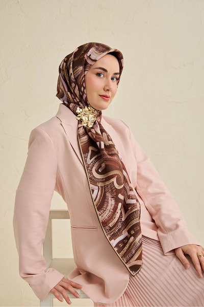 Silk Home Μεταξωτό μαντήλι τουίλ με αφηρημένο σχέδιο, καφέ πικρό, 90x90 11503-04