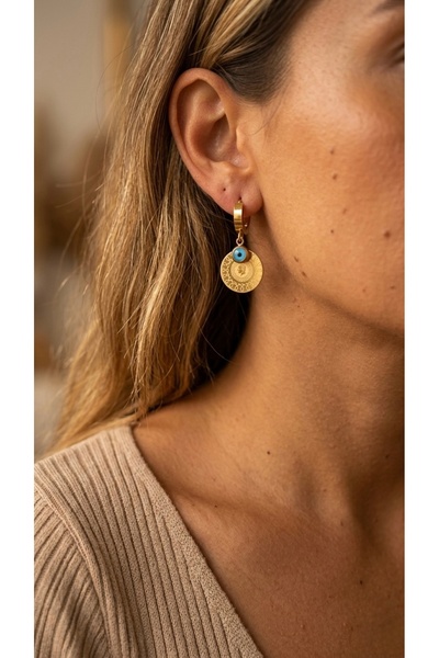 İNN JEWELLERY Steel Evil Eye Gold Color Earrings with Gold Figures