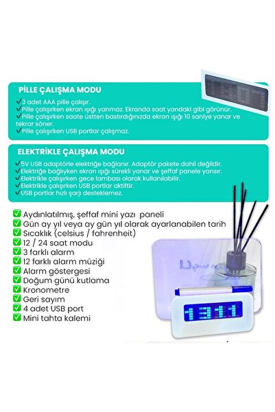 UpWay 4 Adet USB Çoklayıcı Not Panelli Dijital Masa Saati – 3 Alarm Sıcaklık Takvim Doğum Günü