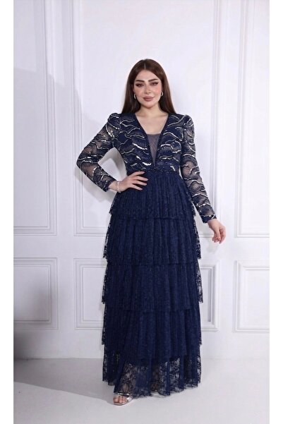 ٌRominz fashion Luxury Dress with Silver Embroidery and Long Sleeves - Tulle ...