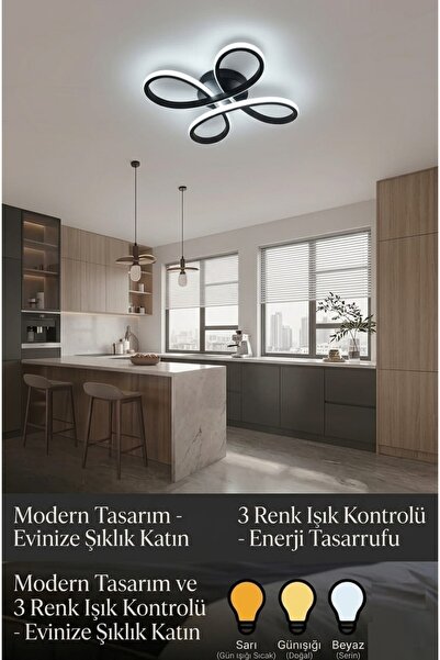 Lzy Avize Store Daisy Noir 4’lü Siyah Plafonyer LED Avize 3 Renk | Salon, Mut...