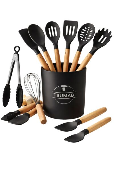TSUMAB 12-Piece Black Silicone Kitchen Utensil Set with Wooden Handles & Hold...