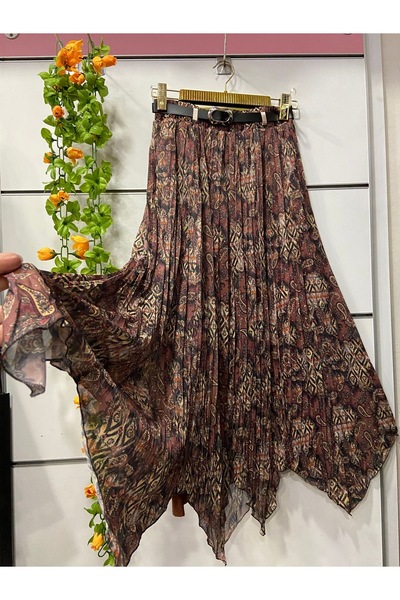 edu collection Ethnic Patterned Skirt Zigzag Chiffon Bohe Skirt with Lining