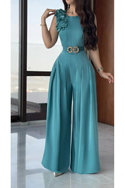 Opera Fashion Sky blue silk satin jumpsuit with belt