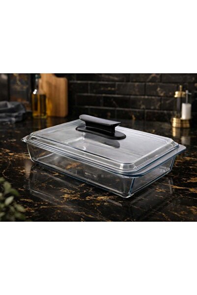 HOMEVEO Clear Rectangular Glass Lid Serving Tray with Handle Heat Resistant