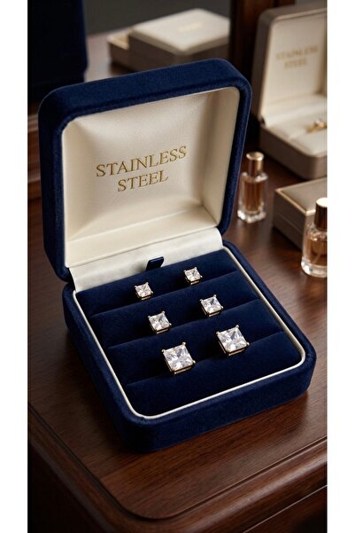 İNN JEWELLERY أقراط ذهبية اللون مربعة الشكل من الفولاذ مكونة من 6 قطع