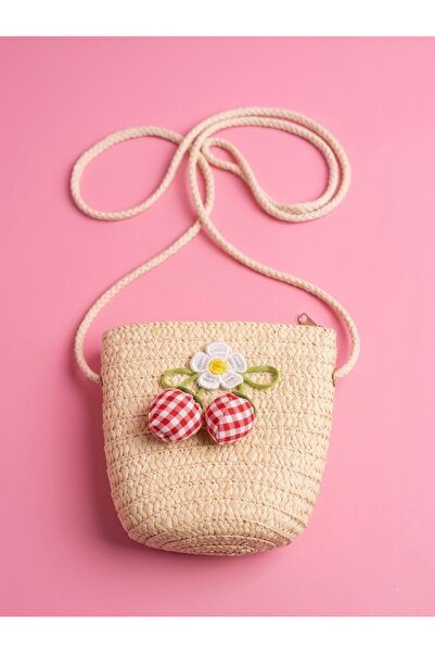 moimaaksesuar Kız Çocuk Hasır Omuz Çantası Çilek Detaylı Mini Çanta 11x14 cm